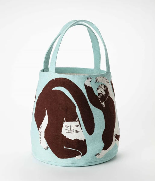 Cat Print Canvas Tote Bag - Light Blue