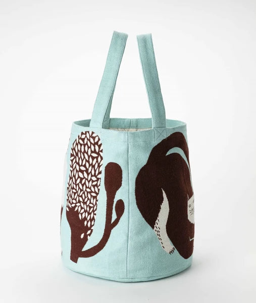 Cat Print Canvas Tote Bag - Light Blue